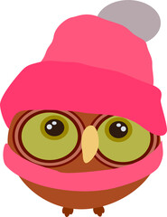 cartoon owl in winter pink hat and scarf
