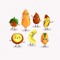 Vector set of nuts. Peanuts, almonds, walnuts, hazelnuts, pistachio, brazil nuts, macadamias isolated on white background. Cute dancing nuts with eyes and hands