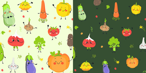 Vector pattern, background of cute funny vagetables. Pumpkin, carrots, bell peppers, onions, garlic, potatoes, eggplant, broccoli, zucchini, beets