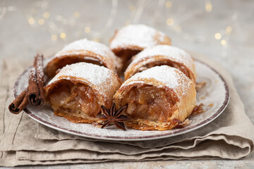 Traditional apple strudel with cinnamon and powdered sugar