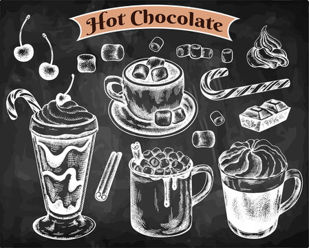 Set of chalk drawing hot chocolate drinks isolated on chalkboard. Sketch hand drawn cocoa cocktails with marshmallow, whipped cream, candy cane, cinnamon stick, cherry. Food menu. Vector illustration.