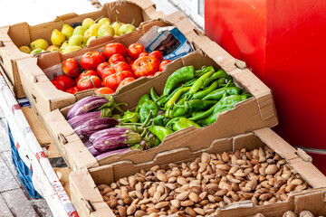 Food market in the center of Esilova, Turkey. Fresh vegetables and fruits are on display. Healthy eating