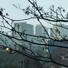 Vector cityscape fog tree branches background pastel