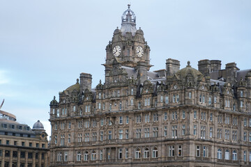Fototapeta na wymiar Clock Tower, Balmoral Hotel, Edinburgh, Scotland. Resulting from a competition in 1895, the hotel originally opened as the North British Station Hotel on 15 October 1902.