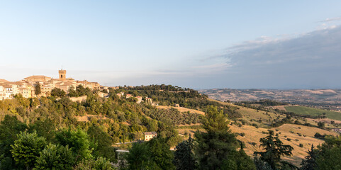 Obraz premium Landscape of Recanati town, historical center of ancient village where Leopardi was born and countryside. Recanati, Macerata, Marche, Italy