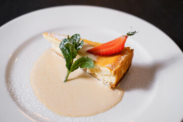 Cheese cake New York. Delicious restaurant dessert. Food cooking process.