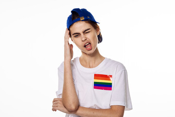 woman wearing white t-shirt lgbt flag inventor community