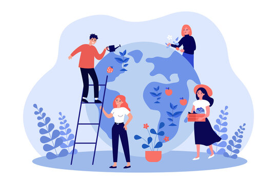 Volunteers planting and watering plants on globe of planet Earth. People protecting environment flat vector illustration. Ecology, reforestation concept for banner, website design or landing web page