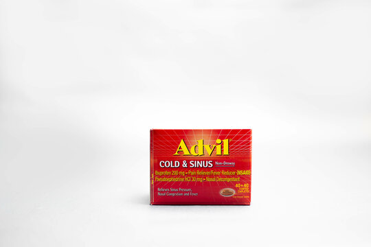 Fort Myers, FL USA &ndash; October 21, 2021: Advil Cold And Sinus Branded Non-Drowsy Ibuprofen pain reliever Fever Reducer (NSAID) Pseudoephedrine, Nasal Decongestant Isolated on white background. 