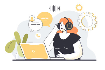 Fototapeta premium Call center operator sitting at desk with laptop and headphones and communicating with clients. Woman administrator answering customers questions flat vector illustration. Customer support concept