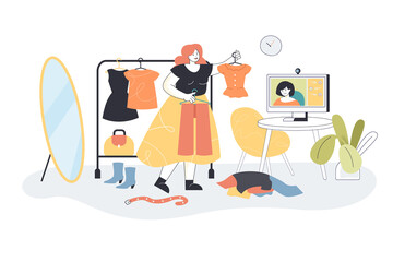 Woman taking clothes from wardrobe and choosing it using computer and recommendations. Personal stylist helping to make choice flat vector illustration. Fashion consultant, guidance of style concept