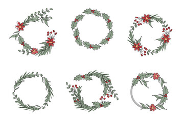 Merry Christmas Set wreath with mistletoe, ilex, pine vector iIllustration in flat and one line art style