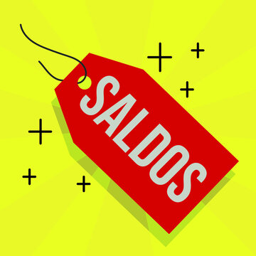 "saldos" word sale in Portuguese - red discount product markup tag with yellow background