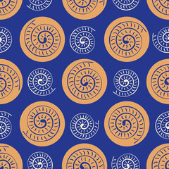Ammonite vector seamless pattern background. Hand drawn ribbed spiral-form shell cephalopod fossil. Neon color backdrop. Extinct ancient marine predators. Repeat for museum,natural history, school
