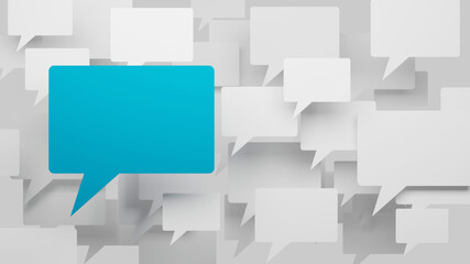 3D render of blue speech bubble with backdrop of white speech bubbles on white background