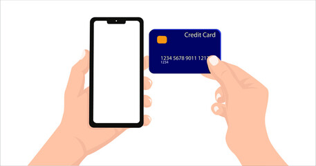 Smartphone in hand with card. Hand Holding smartphone and credit card. Online payment concept. Man Holding Credit Card And Cell Phone Checking Account Balance. Online mobile banking and payment.