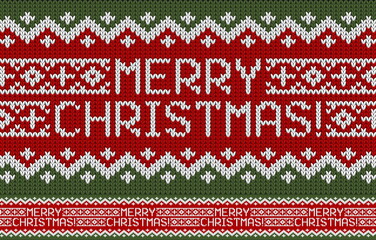 Merry Christmas and New Year seamless knitted pattern with lettering MERRY CHRISTMAS, snowflakes and fir. Scandinavian or russian style. Winter Holiday Sweater Design knitted embroidery pattern.