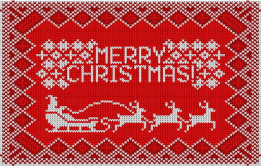 Merry Christmas and New Year knitted pattern with lettering MERRY CHRISTMAS, deer, snowflakes and fir. Scandinavian or russian style. Winter Holiday Sweater Design knitted embroidery pattern.