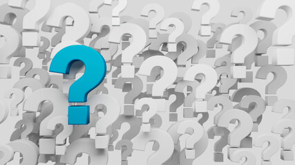 3D render of question mark with backdrop of white questions marks on white background