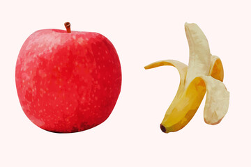 Apple Banana Fruits watercolor Hand drawn fresh food design elements isolated on white background.