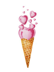 Hand drawn Valentine's day card. Watercolor ice cream with flying hearts. Romantic illustration. Perfect for blogs, lettering, sewing patterns, invitations, t-shirts, prints. Dessert for lovers