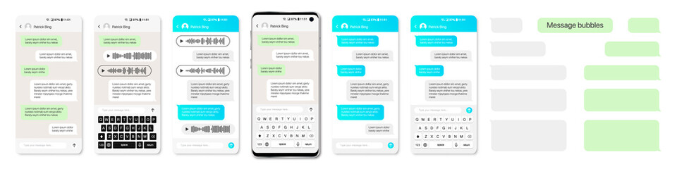 Smartphone with message chat speech bubbles. Mobile app template - obrazy, fototapety, plakaty