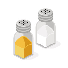 Pepper and salt in jars. Vector 3d sketch line isometric style, color icon illustration. Creative design idea and infographics elements.
