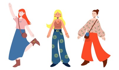 Boho outfit Set. Girls in bohemian clothes. Vector illustration in flat style white background.