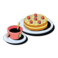 Cup of tea with cake. Vector 3d sketch line isometric style, color icon illustration. Creative design idea and infographics elements.