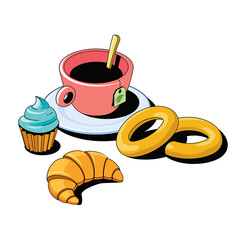 Cup of tea, muffin cake, croissant, drying bagels. Vector 3d sketch line isometric style, color icon illustration. Creative design idea and infographics elements.