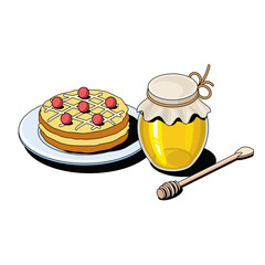 Honey cake, jar. Vector 3d sketch line isometric style, color icon illustration. Creative design idea and infographics elements.