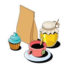 Jar of honey, a cup of tea, muffin attached, craft bag. Vector 3d sketch line isometric style, color icon illustration. Creative design idea and infographics elements.