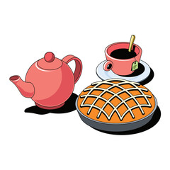 Pie, a cup of tea and a teapot. Vector 3d sketch line isometric style, color icon illustration. Creative design idea and infographics elements.