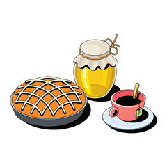 Pie, cup of tea and honey jar. Vector 3d sketch line isometric style, color icon illustration. Creative design idea and infographics elements.