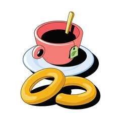 Tea cup and drying bagels rings. Vector 3d sketch line isometric style, color icon illustration. Creative design idea and infographics elements.