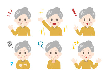 シニア女性のイラスト: 表情セット