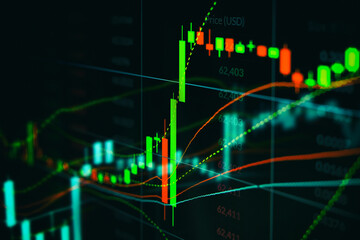 Close up financial chart with uptrend line graph in stock market on monitor background