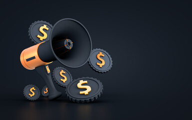 Business financial announcement money boosting strategy concept on dark background 3d rendering