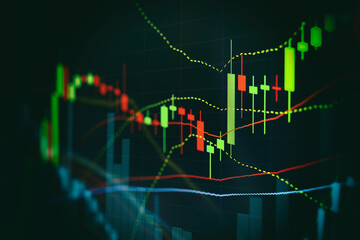 Close up financial chart with uptrend line graph in stock market on monitor background