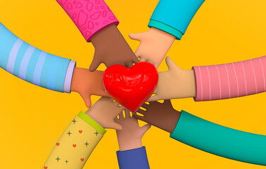 Friendship hands hold red heart. Concept of Cultural Diversity. 3d illustration on white background.