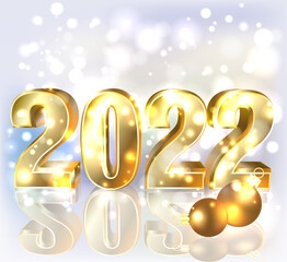 Happy golden 2022 New year, VIP card with xmas balls, vector illustration
