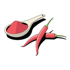 Red chili pepper spice on a spoon. Vector 3d sketch line isometric style, color icon illustration. Creative design idea and infographics elements.