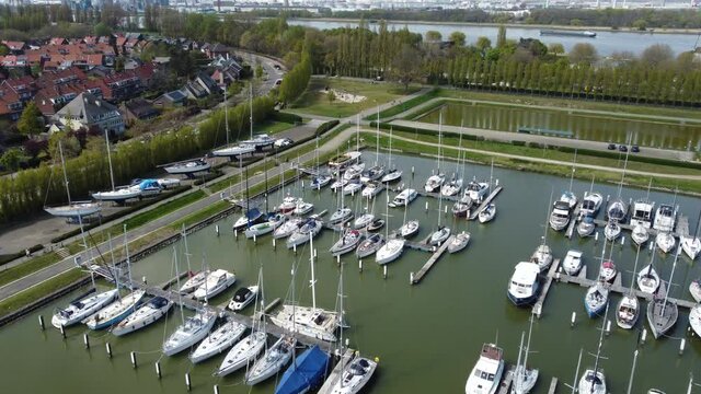  Antwerp marina Linkeroever yacht club drone fly over aerial shot in Antwerp. Boats and yachts in the water