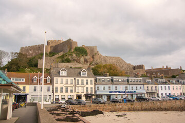 View of the village of Gorey against the Mont Orgueil, Jersey