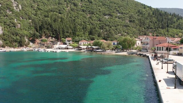 Drone view of Frikes port and turquoise sea in Ithaca Greece