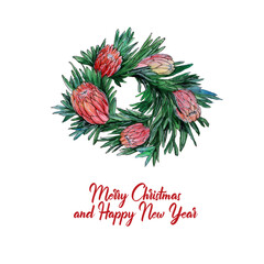 Christmas wreath with red flowers for gift card