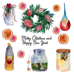 Set of Christmas and New year decor with wreath, orange, candles