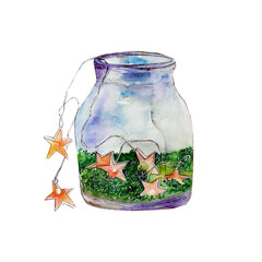 Christmas decor with lights stars, watercolor illustration