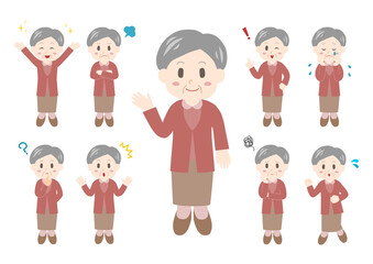 シニア女性のポーズと表情のイラスト: 全身セット