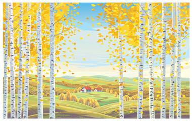 Rural autumn landscape, with two houses on a hill, and trees with fly leaves in the foreground.